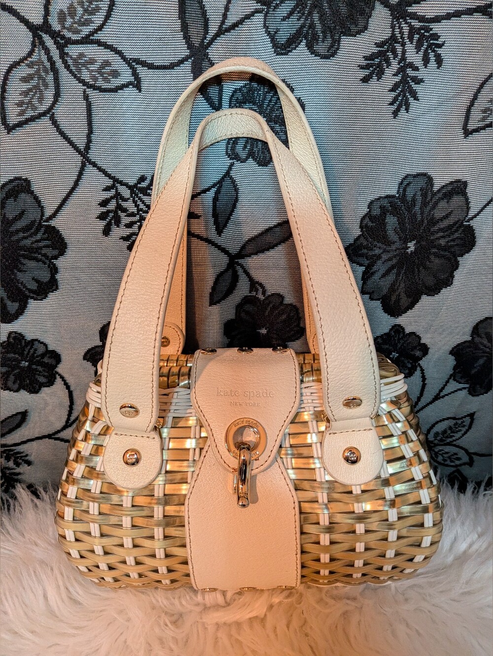 Kate Spade White & Gold Natural Woven Tote Leather Handbag